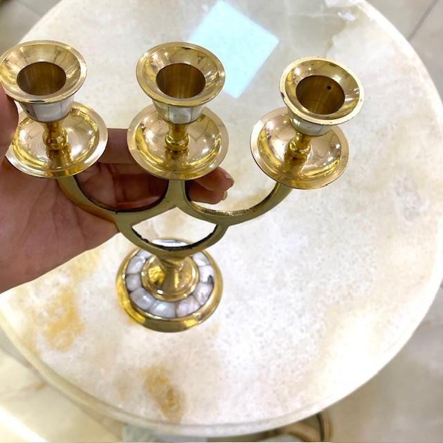 جاشمعی صدفکاری سه شعله برنجی رومیزی فاخر و درخشان بازرگانی نداف مشهد