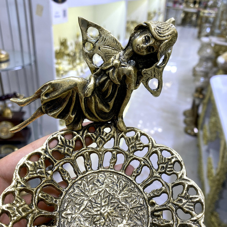 پیاله هفت سین برنجی طلایی براق با پایه و تندیس فرشته بازرگانی نداف مشهد