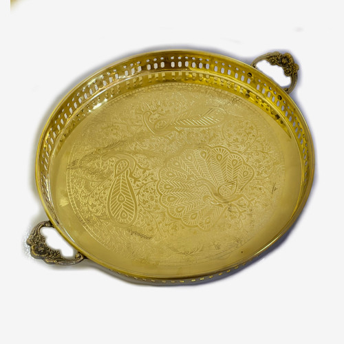 سینی دایره دسته دار لبه دار طرح طاووس برنجی