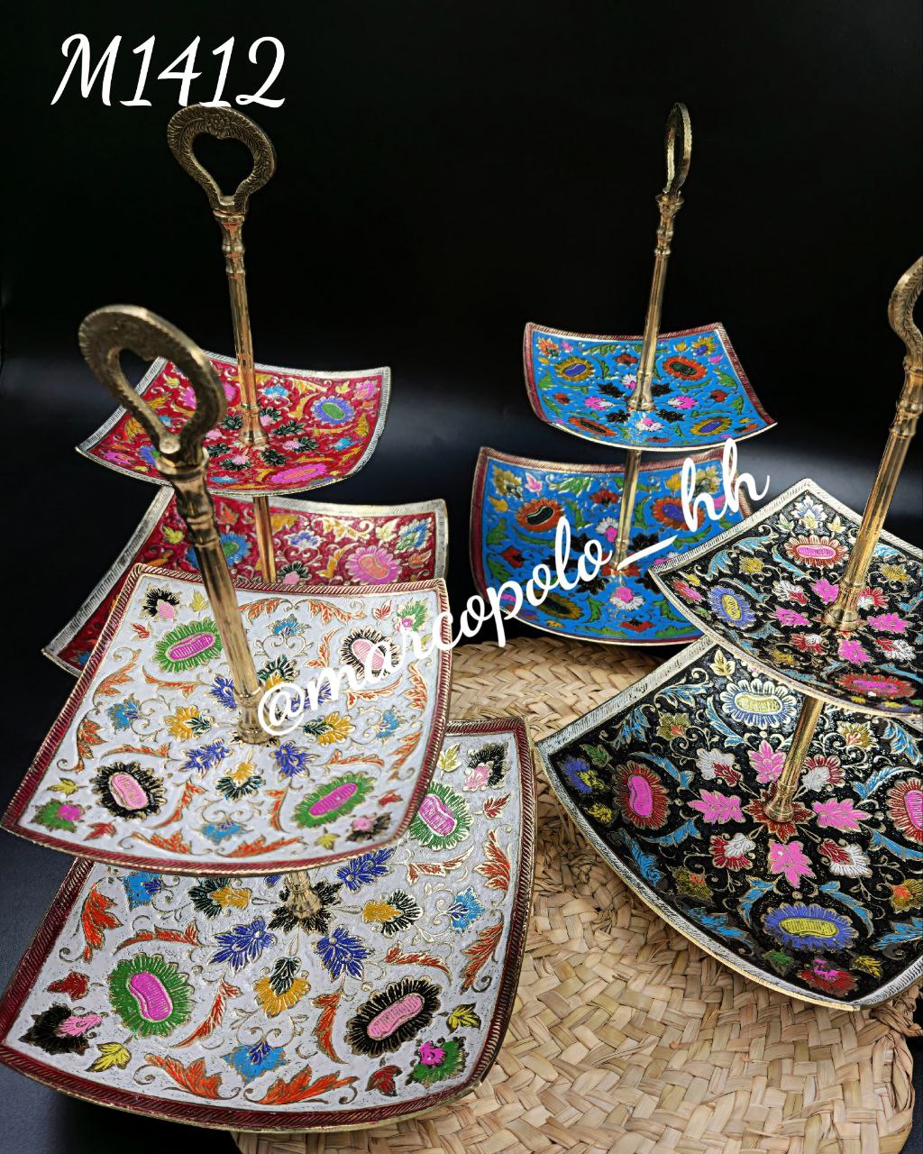 شیرینی خوری دو طبقه میناکاری برنجی هندی در چهار رنگ کد1412