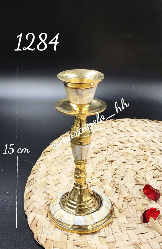 جاشمعی تک شعله صدفکاری برنجی هندی کد 1284 با تزیین صدف طبیعی دریایی و پایه شمش طلایی برنج - بازرگانی نداف