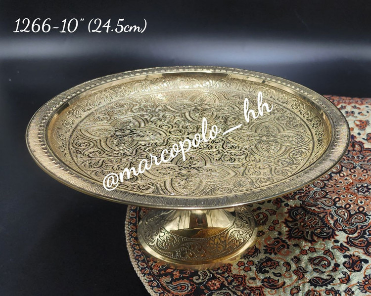 شیرینی خوری گرد طرح گل برنجی هندی قابل استفاده کد 1266 با قلمزنی دستی نقوش گل و بوته بر شمش طلایی برنج - بازرگانی نداف