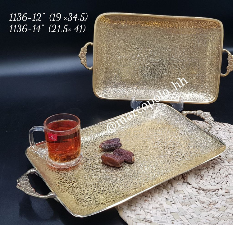 سینی مستطیل طرح گل برنجی کاربردی با نقوش برجسته اسلیمی و درخشش متالوکس در چیدمان ست چایخوری مجلل - بازرگانی نداف