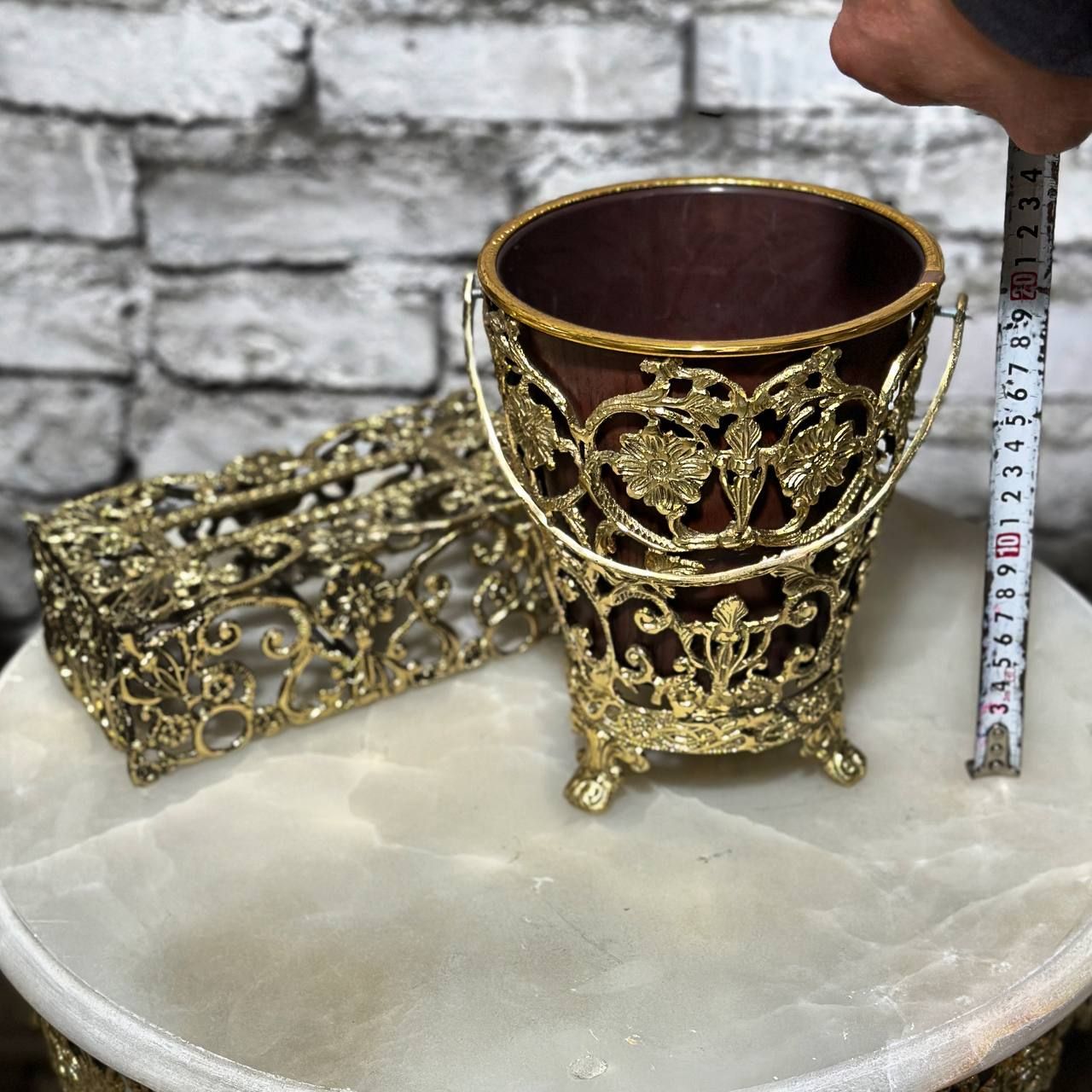 سطل زباله و جادستمال برنجی مینی گل جدید