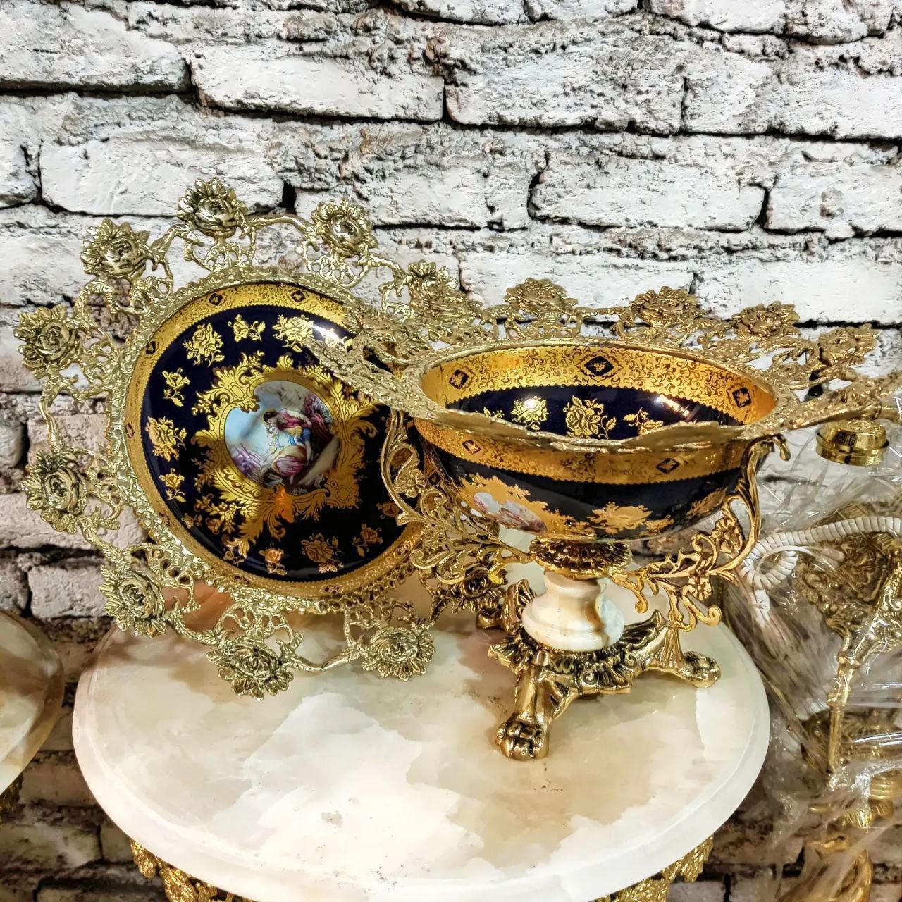 کاسه بشقاب سرمه ای گل رز پایه سنگی
