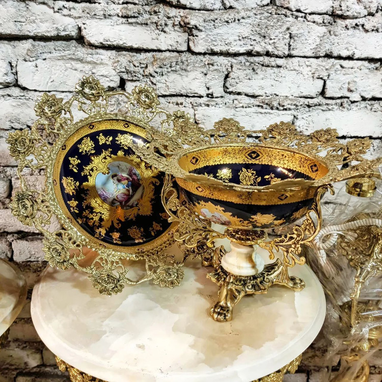 کاسه بشقاب سرمه ای گل رز پایه سنگی