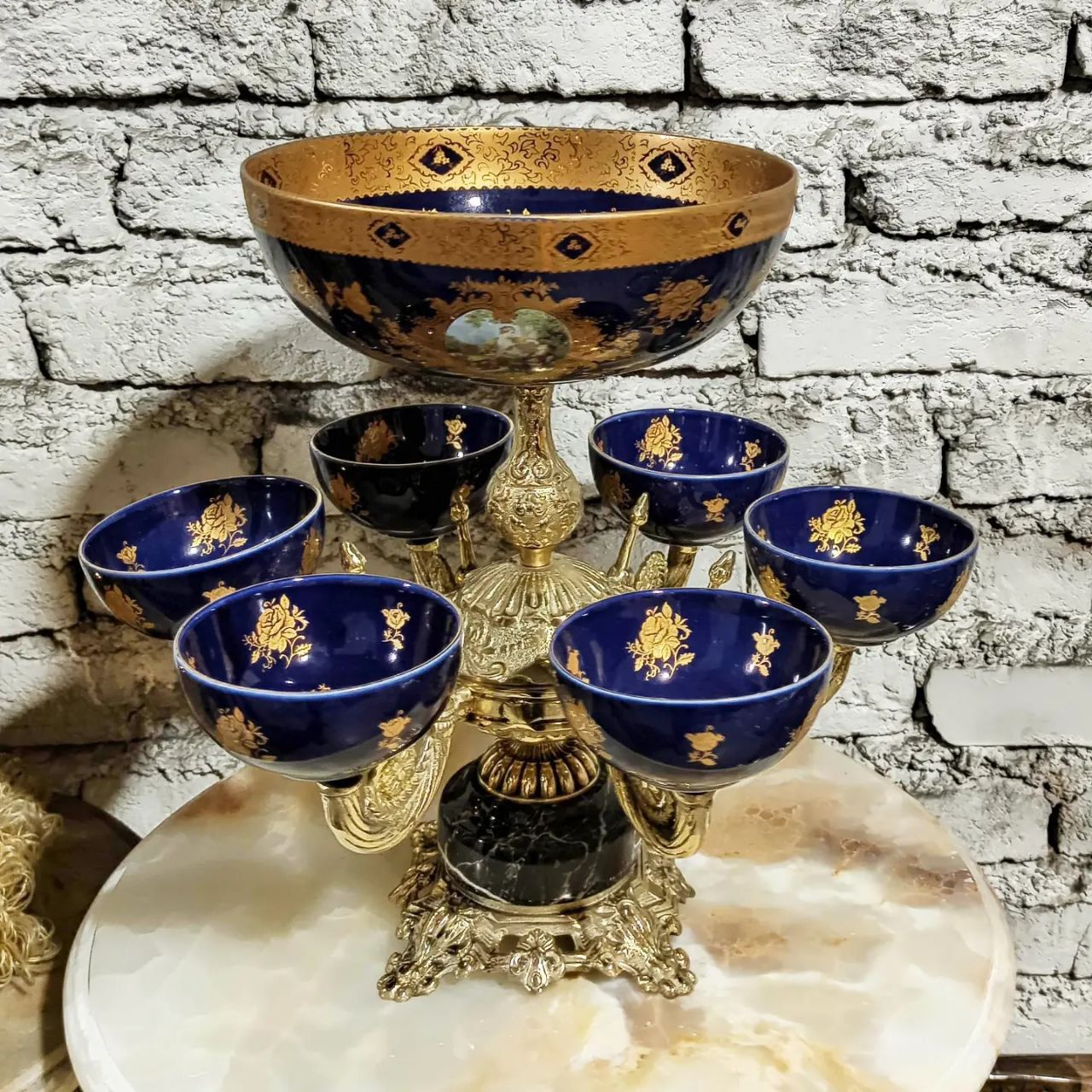 هفت سین پایه سنگی با کاسه و پیاله سرمه ای طلاکوب تمام برنج