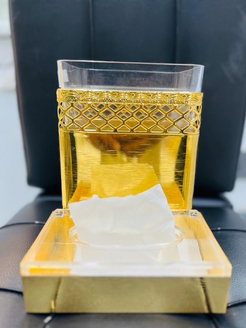 سطل و جا دستمالی طلایی ابکاری شده در دو سایز مختلف