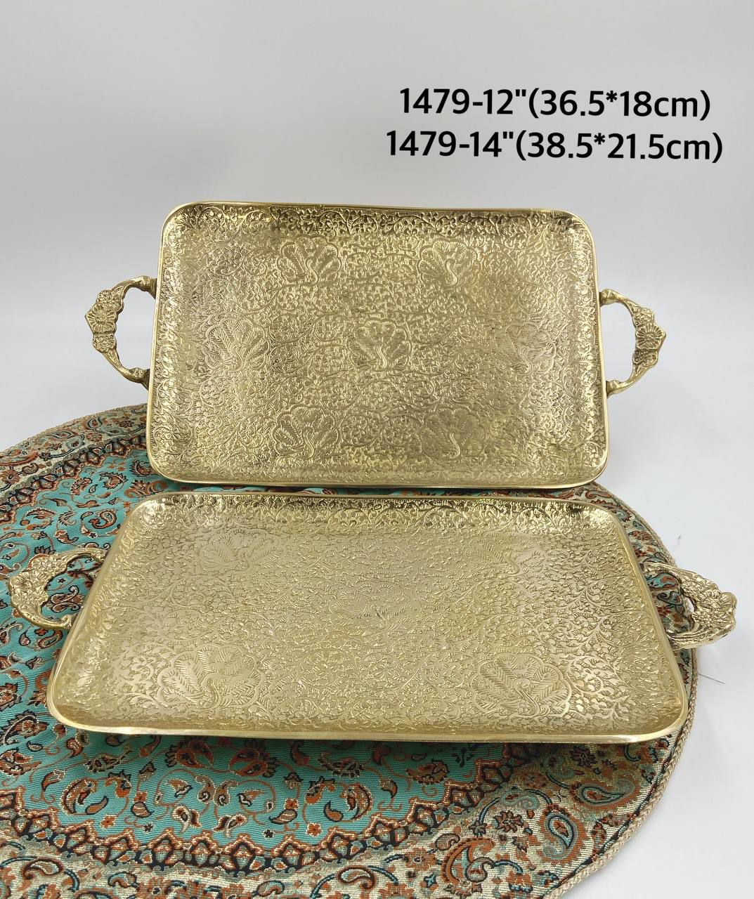 سینی مستطیل تخت طاووسی برنجی در دو سایز مختلف کد 1479