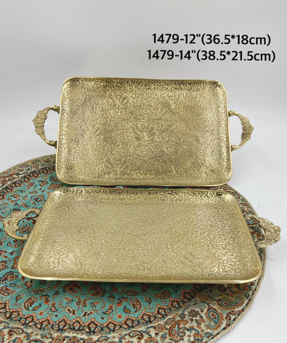 سینی مستطیل تخت طاووسی برنجی در دو سایز مختلف کد 1479