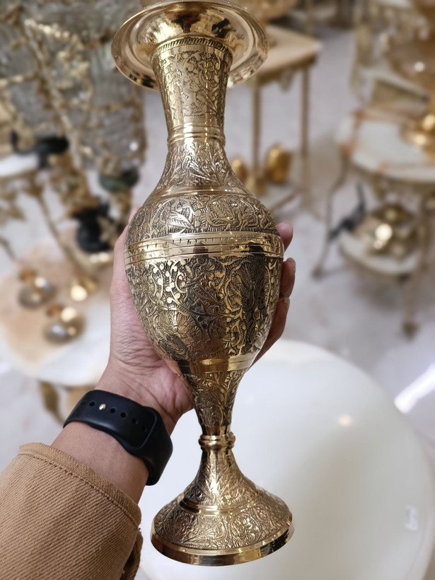 گلدان برنجی کشمیر هندی طرح طاووس با قلمزنی دستی - بازرگانی نداف