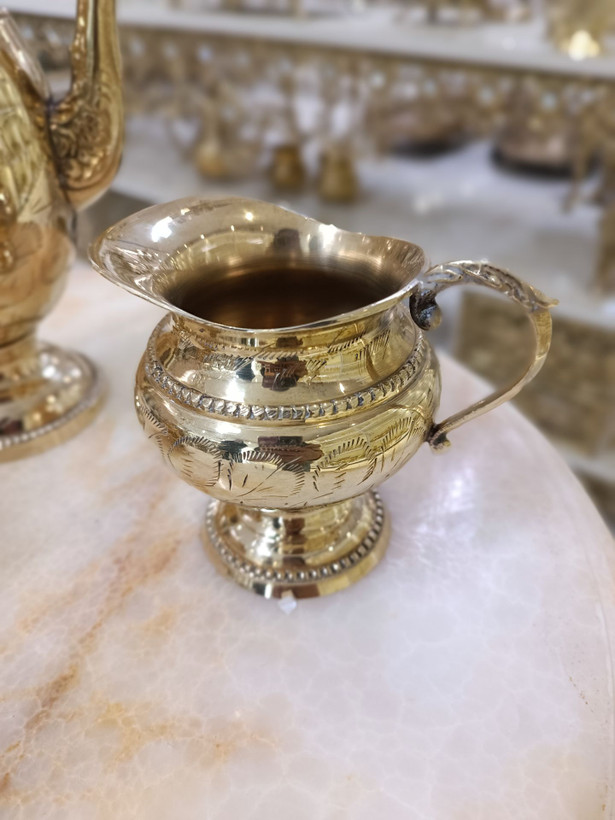 سرویس عصرانه خوری قلمدست برنجی شامل قوری قندان و شکرپاش لوکس بازرگانی نداف مشهد