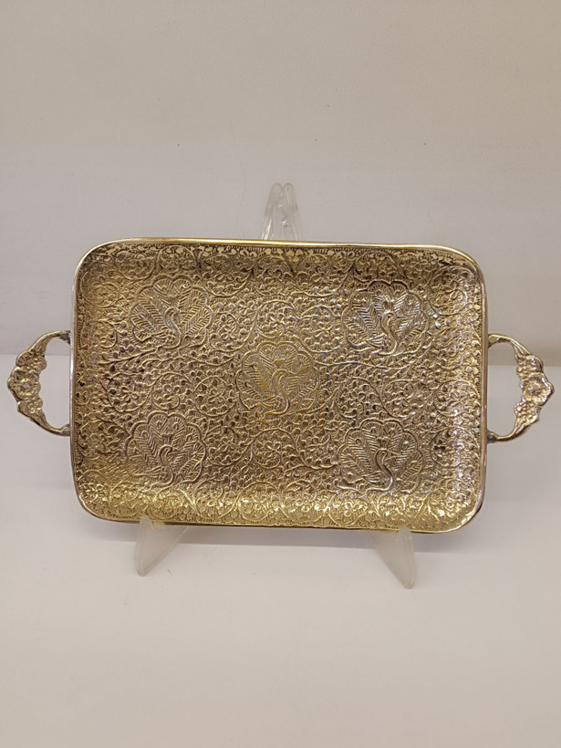 سینی مستطیل برنجی طرح طاووس دسته دار و پایه دار 12 اینچ دکوری متالوکس