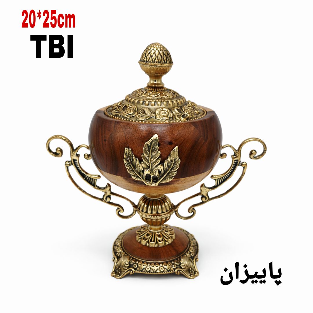 شکلات خوری پایه دار مدل پاییزان با بدنه چوبی، درب برنزی طرح‌دار و دسته‌های اسلیمی محصول متالوکس