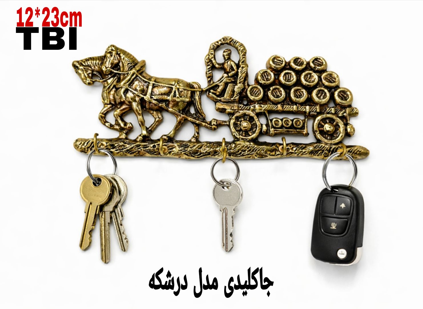 جاکلیدی دیواری برنجی طرح درشکه اسب با فیگور درشکه‌چی و بشکه‌های تزئینی دارای قلاب‌های آویز کلید محصول برند متالوکس