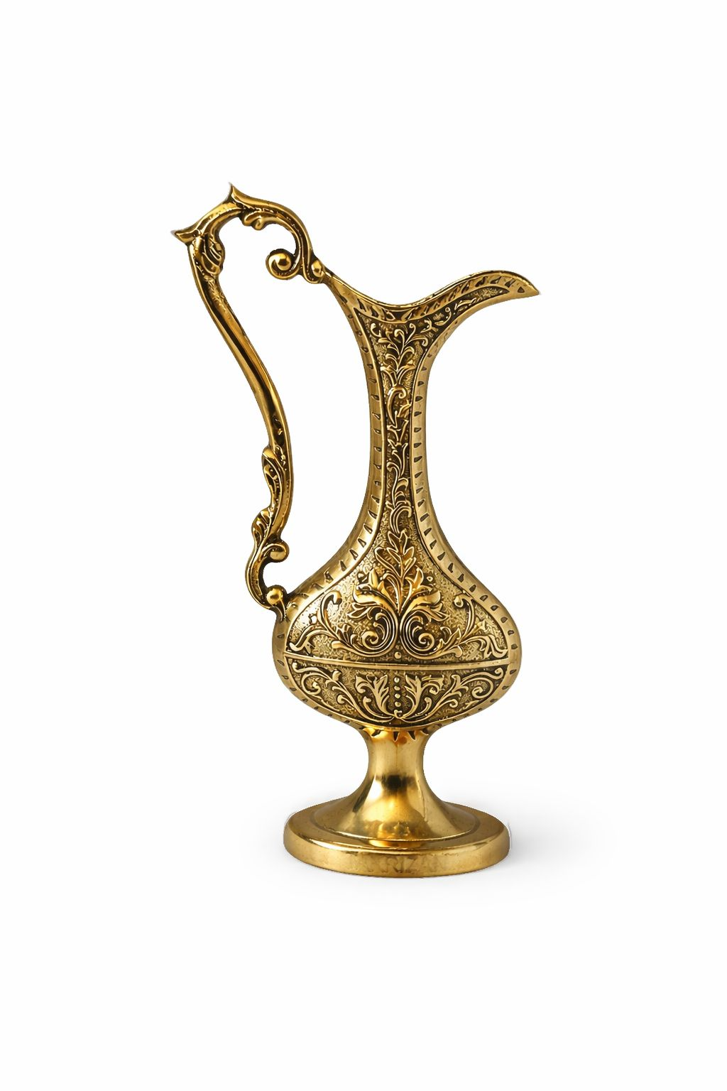 گلاب پاش برنجی طرح قدیم با دسته اسلیمی و حکاکی‌های سنتی گل‌وبوته، محصول دکوراتیو و کاربردی از برند متالوکس