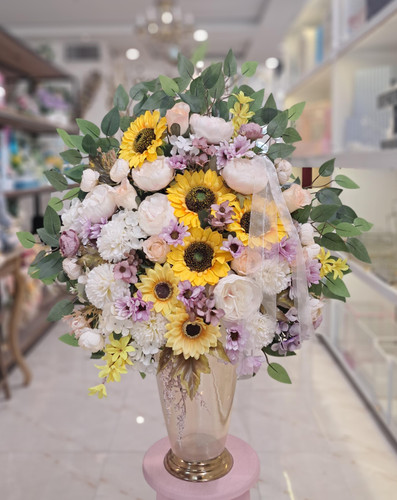 گلدان شیشه ای با گل مصنوعی رنگی بزرگ کد 790038