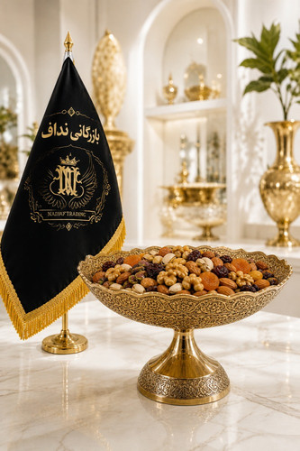 آجیل خوری برنجی ۱۰ اینچ هندی با طرح دو طوطی لوکس و براق - بازرگانی نداف