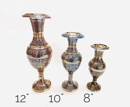 گلدان کشمیر میناکاری طرح طاووس در سه سایز مختلف (سفید/ قرمز/ مشکی / فیروزه ای)