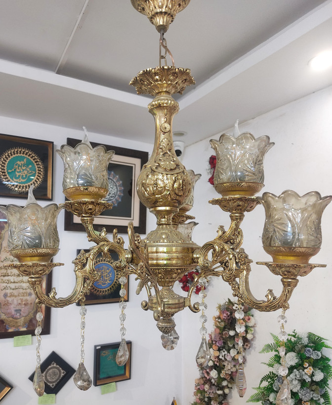 لوستر آلياژ سه شاخه6 شعله دو گل ياسي طلايي